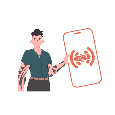 The guy is holding a phone with the IoT logo in his hands. IoT concept. Vector illustration in trendy flat style.のイラスト素材