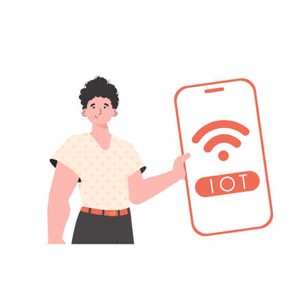 The guy is holding a phone with the IoT logo in his hands. Internet of things and automation concept. trendy flat style. vector illustration.のイラスト素材