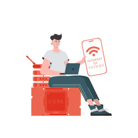 A man holds a phone with the IoT logo in his hands. Internet of things concept. Vector.のイラスト素材