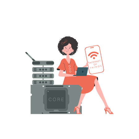 A woman holds a phone with the IoT logo in her hands. Internet of things concept. Vector.のイラスト素材