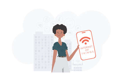 IoT concept. A woman holds a phone with the IoT logo in her hands. Vector.