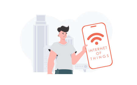 Internet of things and automation concept. The guy is holding a phone with the IoT logo in his hands. Vector.のイラスト素材
