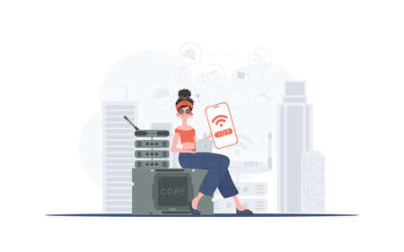 Internet of things concept. The girl is holding a phone with the IoT logo in her hands. trendy flat...