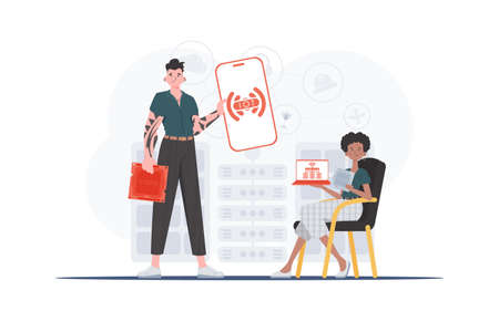 IOT and automation concept. The girl and the guy are a team in the field of IoT. Good for websites and presentations. Vector illustration in trendy flat style.のイラスト素材