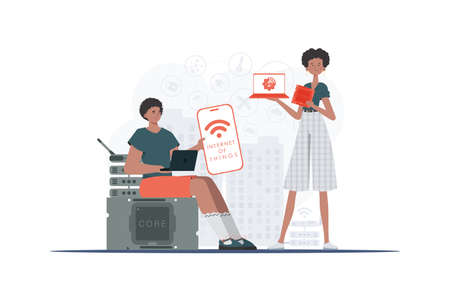 IoT concept. The girl and the guy are a team in the field of the Internet of things. Good for websites and presentations. trendy flat style. Vector.のイラスト素材