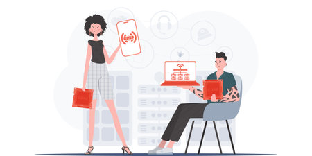 IOT and automation concept. The girl and the guy are a team in the field of the Internet of things. Good for websites and presentations. vector illustration.のイラスト素材