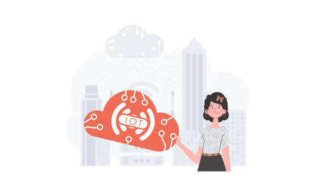 A woman is holding an internet thing icon in her hands. Internet of things and automation concept. Good for websites and presentations. Vector illustration in trendy flat style.のイラスト素材