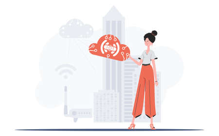 A woman is holding an internet thing icon in her hands. IOT and automation concept. Good for...