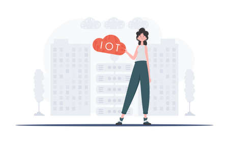 A woman is holding an internet thing icon in her hands. IoT concept. Good for websites and presentations. Vector illustration in trendy flat style.のイラスト素材