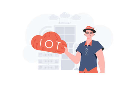 The guy is holding an internet thing icon in his hands. IOT and automation concept. Good for...