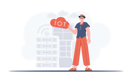 The guy is holding an internet thing icon in his hands. IoT concept. Good for websites and presentations. trendy flat style. Vector.のイラスト素材
