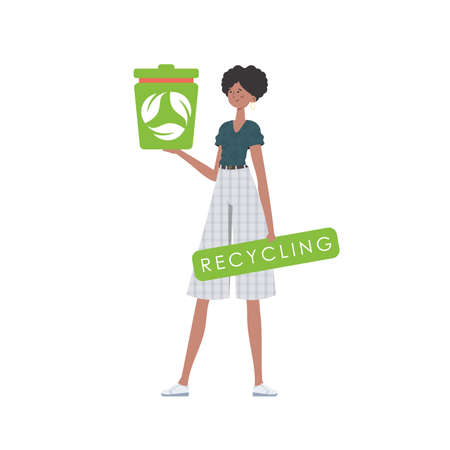 The girl is depicted in full growth and holds an urn in her hands. The concept of ecology and recycling. isolated on white background. Vector illustration Flat trendy style.のイラスト素材
