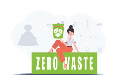 The girl sits and holds an urn in her hands. The concept of ecology and recycling. Vector illustration Flat trendy style.のイラスト素材