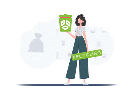 The concept of recycling and zero waste. A woman holds a trash can in her hands. trendy character style. Vetcor.のイラスト素材