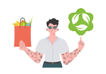 The guy is shown waist-deep and holds a package with healthy food in his hands and shows an icon. isolated. Trend style, vector illustration.のイラスト素材