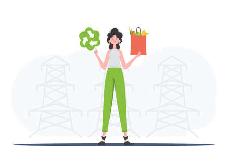 The girl is depicted in full growth holding an EKO icon and a package with proper nutrition. The concept of ecology, zero waste and healthy eating. Trend style, vector illustration.のイラスト素材