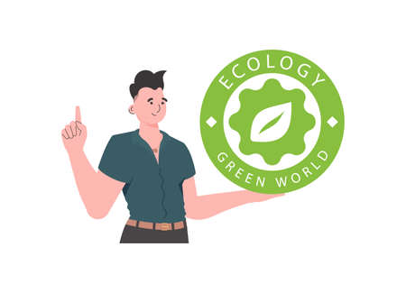 A man holds the ECO  in his hands. The character is depicted to the waist. The concept of green energy and ecology. isolated on white background. vector trend illustration.のイラスト素材