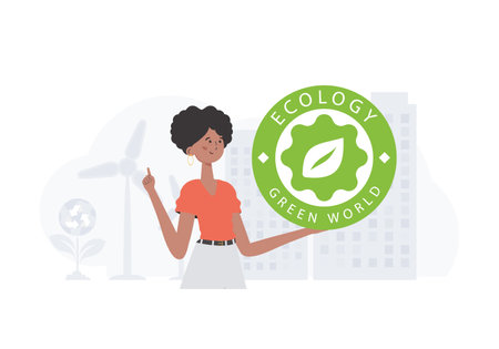 The concept of ecology and green energy. Woman holding ECO  in her hands. Fashionable, trendy style. Vector.のイラスト素材