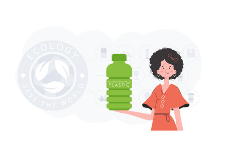 The concept of ecology and care for the environment. The girl holds a bottle made of biodegradable plastic in her hands. Fashion trend illustration in Vector.のイラスト素材