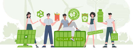 Caring for the environment. ECO friendly people. trendy style. Vector.
