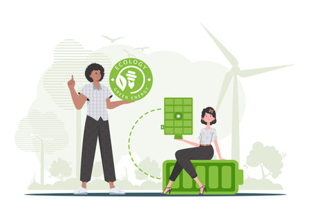 boy and girl and solar panel. Eco concept energy. Vector.のイラスト素材