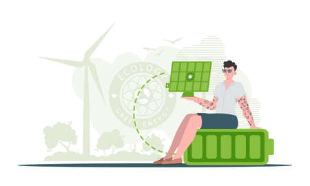 Eco concept energy. The guy sits on a battery and holds a solar panel in his hands. Vector. trendy style.のイラスト素材