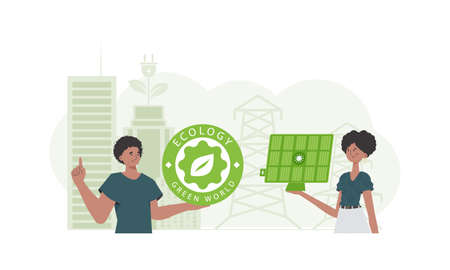 woman and man and solar panel. Eco concept energy. Vector.のイラスト素材