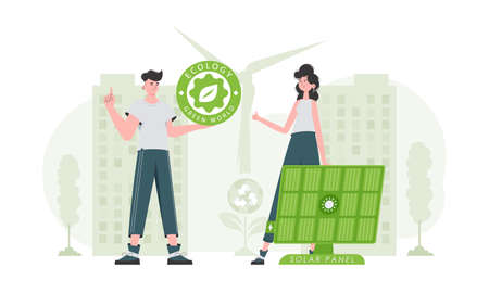 Man and woman and solar panel. The concept of solar energy. vector illustration.のイラスト素材