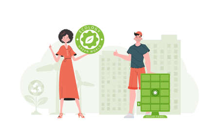 A girl and a guy and a solar panel. The concept of solar energy. vector illustration.のイラスト素材