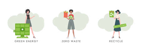 Set of women characters on the theme of ecology. Cartoon trendy style. Veil illustration.のイラスト素材