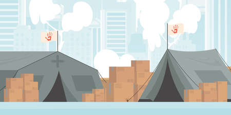 Camp for humanitarian aid. Tents, Boxes and pallets. Flat modern design. Vector.のイラスト素材