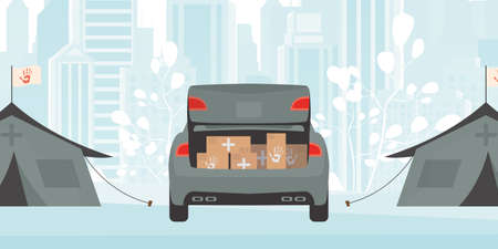 Camp for humanitarian aid. Tents, Boxes and pallets. vector illustration.のイラスト素材