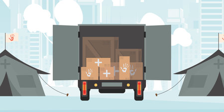 Camp for humanitarian aid. Tents, Boxes and pallets. Vector.のイラスト素材