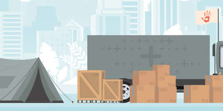 Camp for humanitarian aid. Tents, Boxes and pallets. trendy style. Vector.のイラスト素材