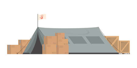 Large dark green tent with boxes. Camp element for humanitarian aid. isolated. vector illustration.のイラスト素材
