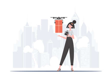 A woman controls a drone with a parcel. delivery concept. trendy style. vector illustration.
