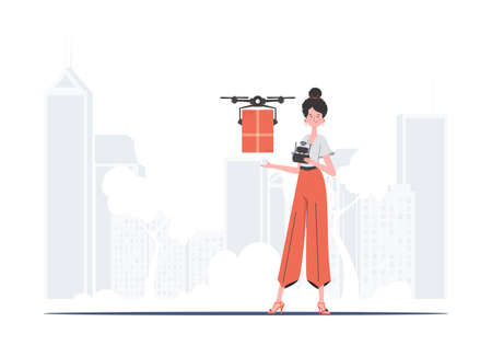 A woman controls a drone with a parcel. delivery concept. Flat modern design. Vector.のイラスト素材