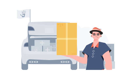 The man is holding a parcel. The theme of humanitarian aid. Vector.のイラスト素材