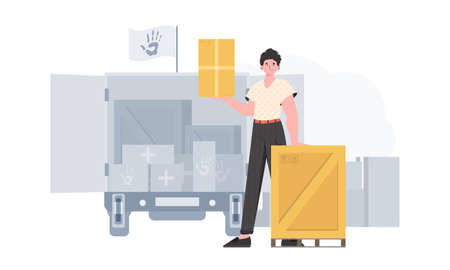 The man is holding a box. The theme of humanitarian aid. Vector.