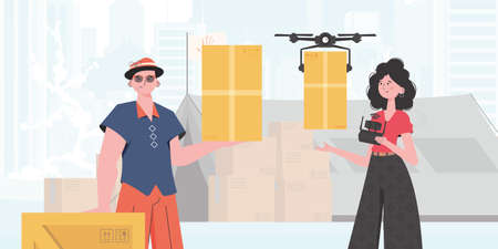 The theme of humanitarian aid. The quadcopter is transporting the parcel. Man and woman with cardboard boxes. Flat modern design. Vector.のイラスト素材