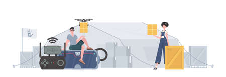 Humanitarian aid concept. The quadcopter is transporting the parcel. Man and woman with cardboard boxes. trendy style. Vector.のイラスト素材