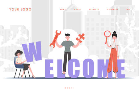Welcome Landing Page Diverse Team of People Website Start Page. trendy flat style. previous illustration.のイラスト素材