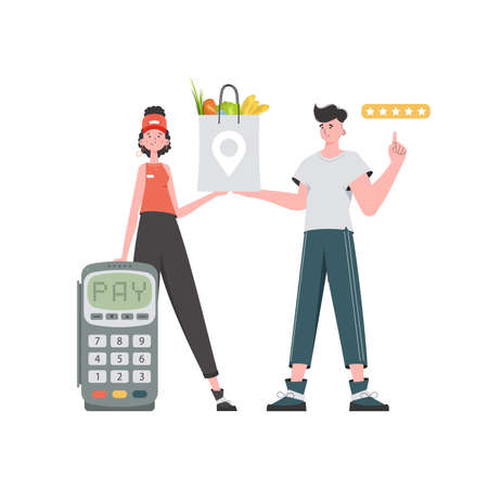 Woman courier holds a package with groceries. home delivery concept. isolated. cartoon style. Vector.のイラスト素材