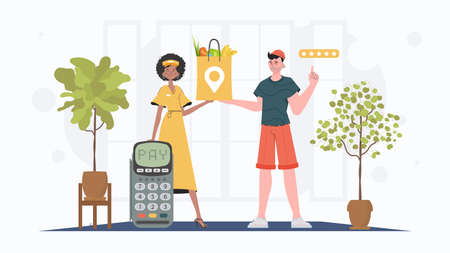 delivery concept. Woman courier delivers a package with products. trendy flat style. Vector.のイラスト素材