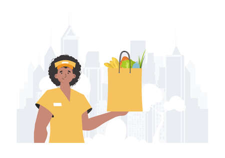home delivery concept. A man is holding a bag of food. trendy style. Vector.のイラスト素材