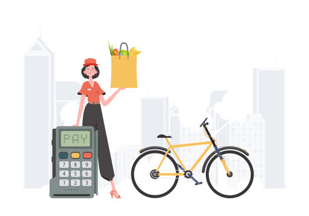 delivery concept. A woman is holding a bag of food. trendy flat style. Vector.のイラスト素材