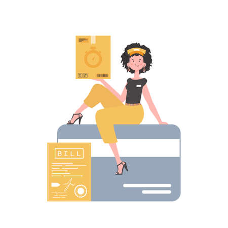 A woman courier sits on a bank card and holds a box. home products. food delivery. isolated. trendy flat style. Vector.のイラスト素材