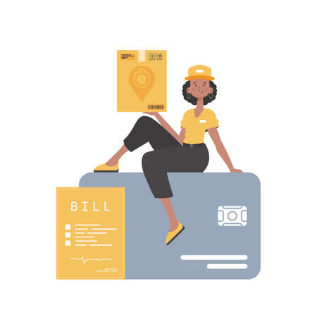 A woman courier sits on a bank card and holds a box. home products. food delivery. isolated. cartoon style. Vector.のイラスト素材
