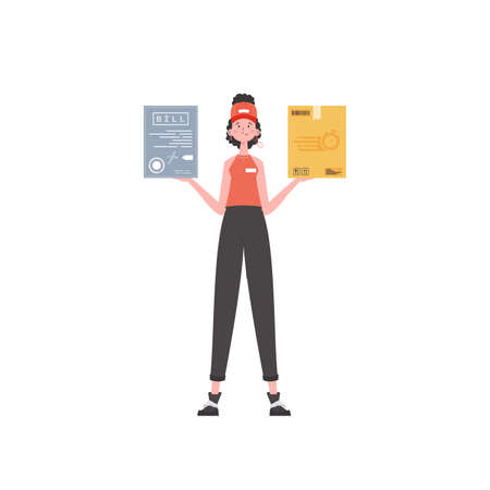 A woman courier is holding a parcel and a check. delivery concept. isolated. cartoon style. Vector.のイラスト素材