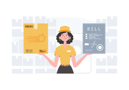 home delivery concept. Woman courier delivers a parcel and issues an invoice. cartoon style. Vector.のイラスト素材